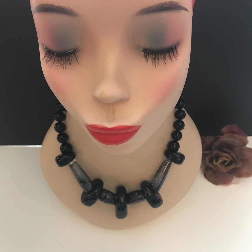 Chunky Black Gray Oval Beaded Statement Necklace